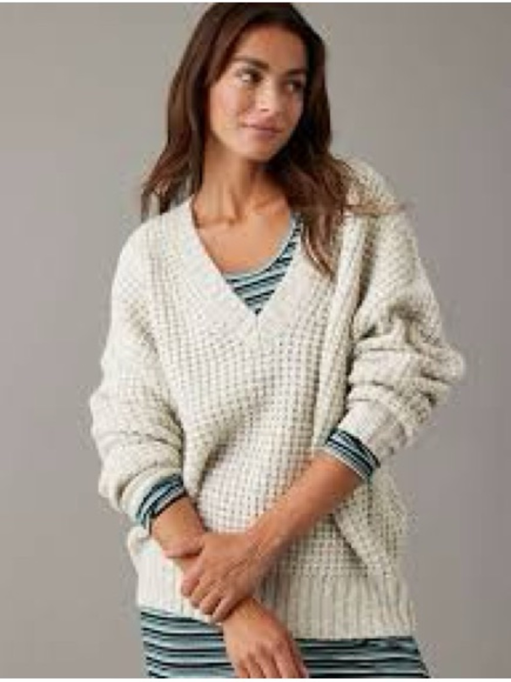 American Eagle Cozy V-Neck Waffle Knit Sweater - grey